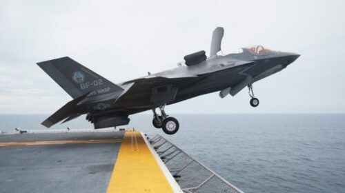 US Marine Corps F35B taking off from an LHD e1585670634365