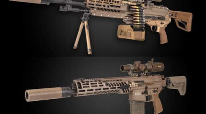 The XM-5 assault rifle and the XM-250 machine gun (top) will share a single 6.8mm caliber